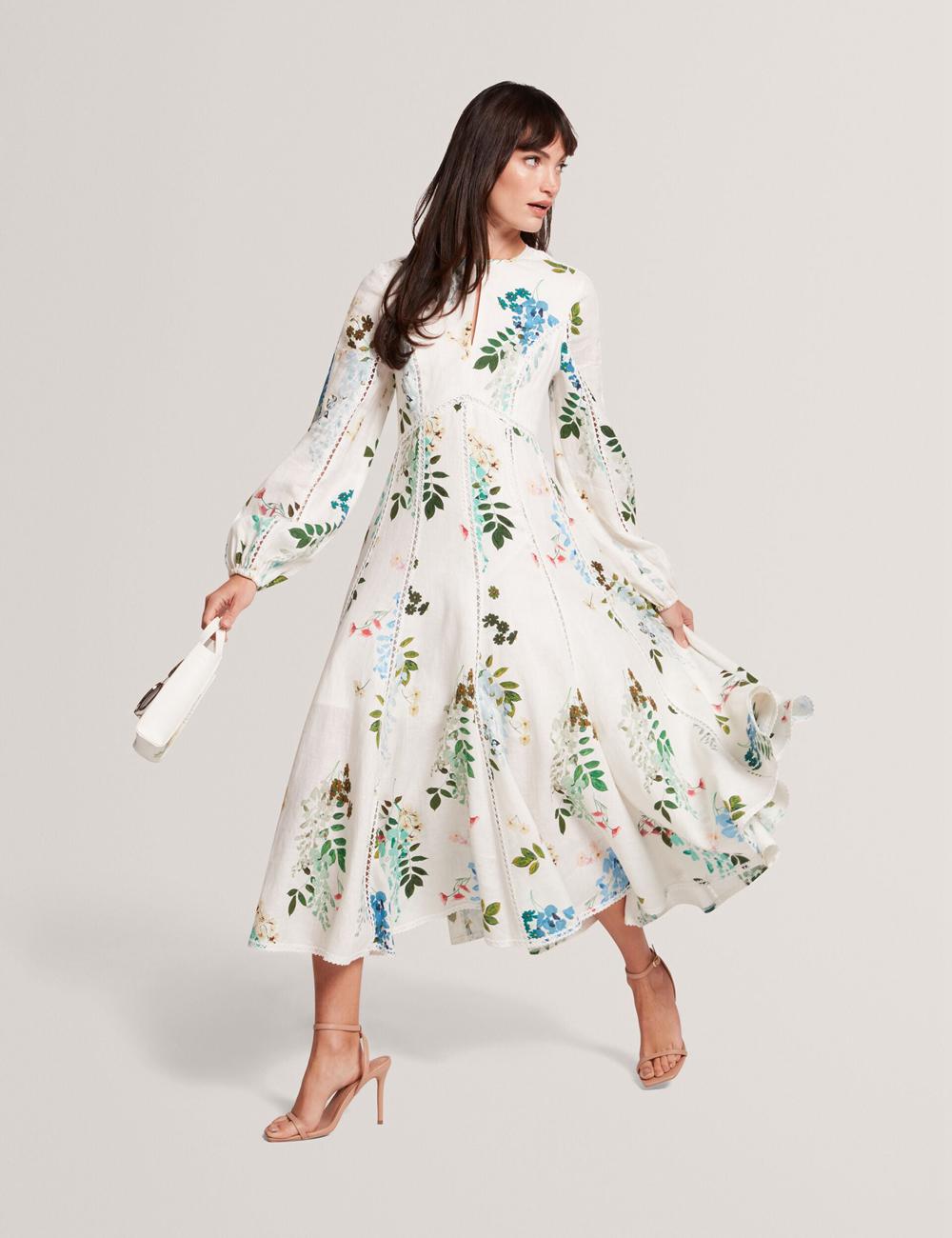 Women Ted Baker UTALA - Floral Crochet Trim Linen Midi Dresses White | Egypt  HKMQI-7102