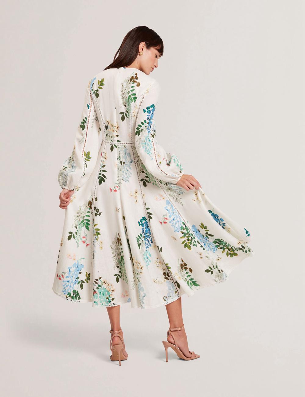 Women Ted Baker UTALA - Floral Crochet Trim Linen Midi Dresses White | Egypt  HKMQI-7102