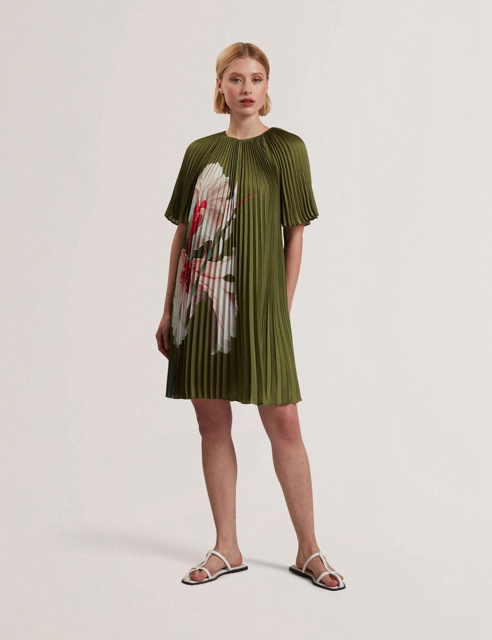 Women Ted Baker VINLAA - Floral Graphic Pleated Satin Mini Dresses Green | Egypt  ZRTMH-4596