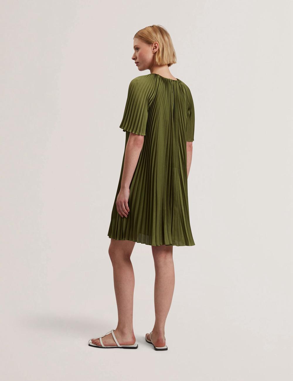Women Ted Baker VINLAA - Floral Graphic Pleated Satin Mini Dresses Green | Egypt  ZRTMH-4596