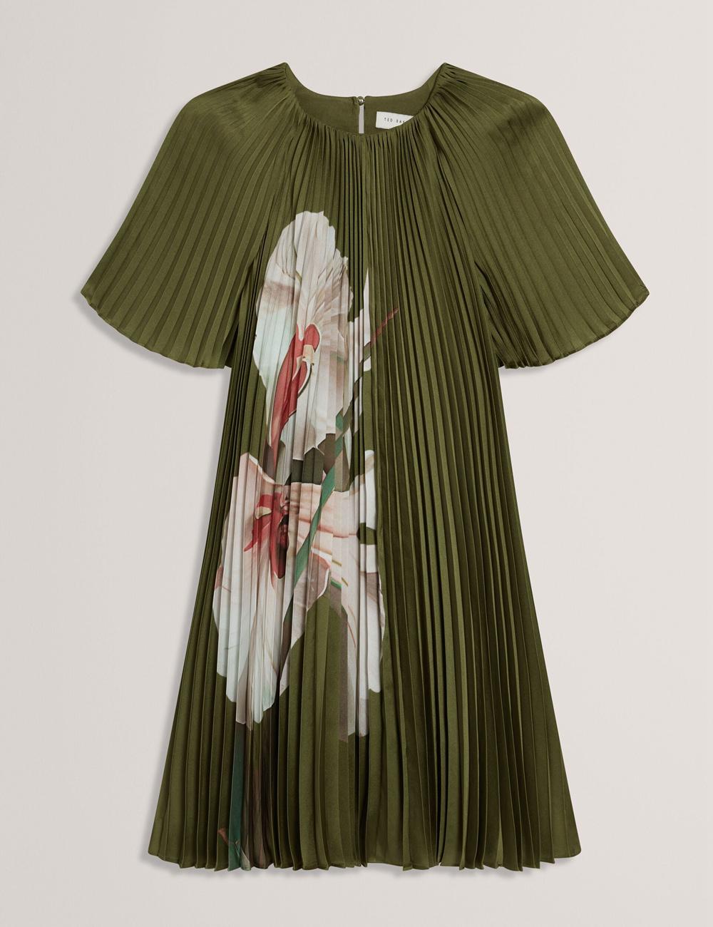 Women Ted Baker VINLAA - Floral Graphic Pleated Satin Mini Dresses Green | Egypt  ZRTMH-4596