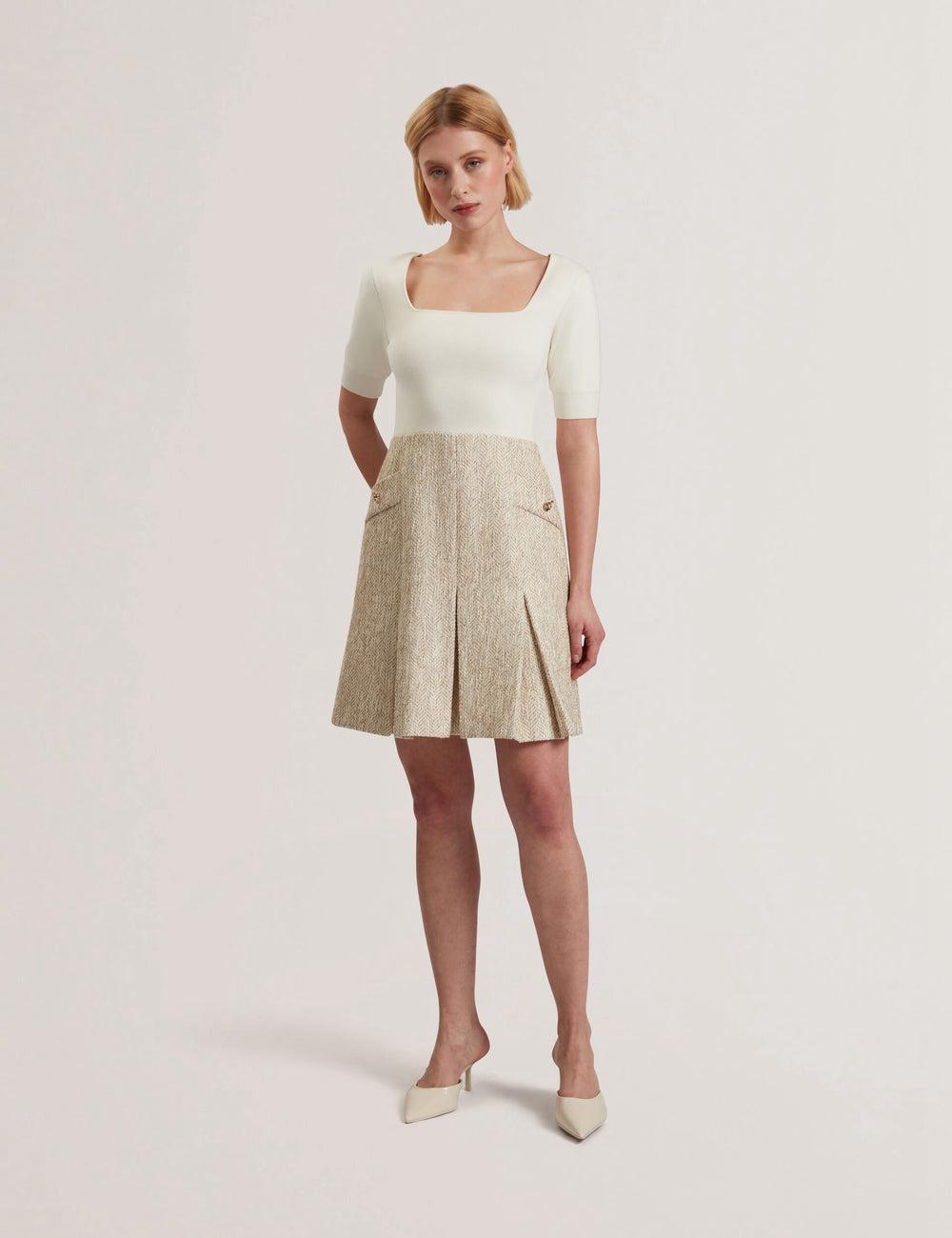 Women Ted Baker VULPAD - Pleated Boucle With Knit Bodice Mini Dresses Ivory | Egypt  LIZND-9823