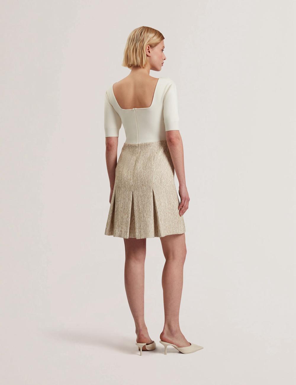 Women Ted Baker VULPAD - Pleated Boucle With Knit Bodice Mini Dresses Ivory | Egypt  LIZND-9823