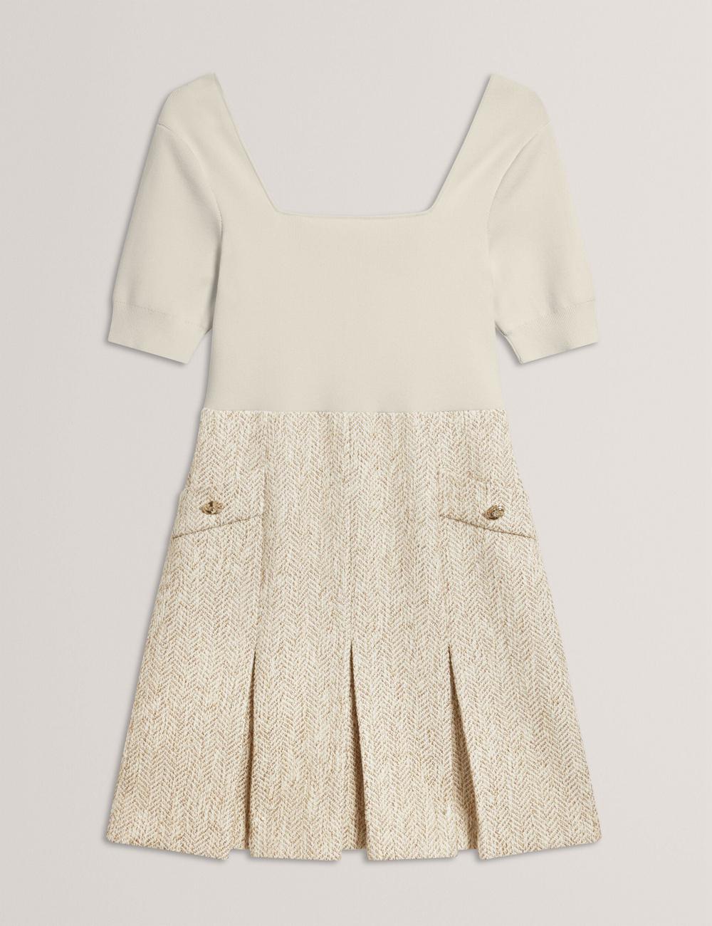 Women Ted Baker VULPAD - Pleated Boucle With Knit Bodice Mini Dresses Ivory | Egypt  LIZND-9823