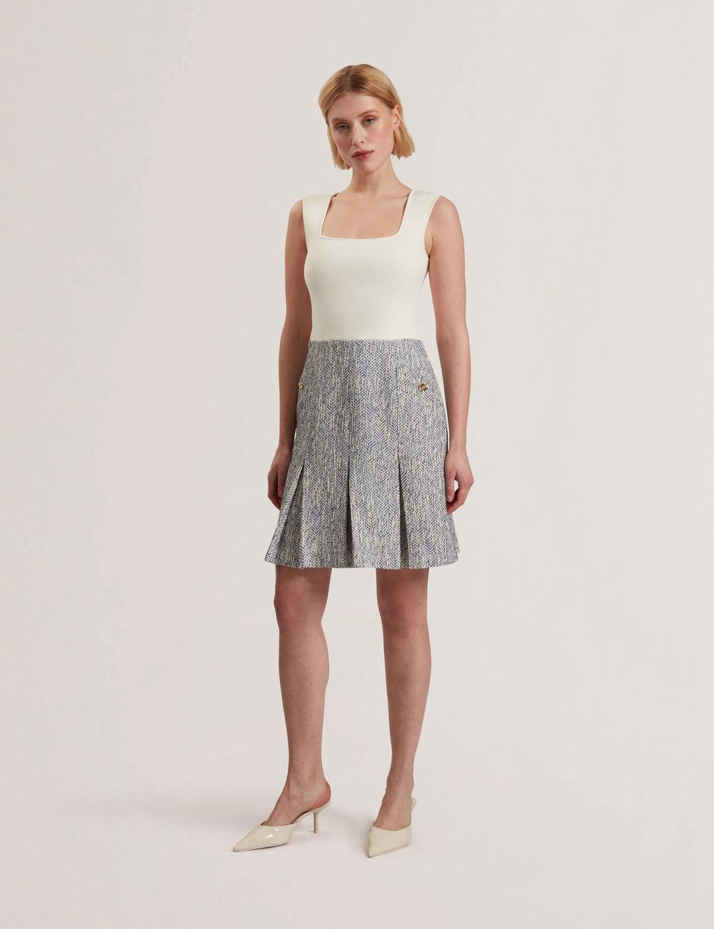 Women Ted Baker VULPAM - Sleeveless Knit Bodice Boucle Mini Dresses Lt-Blue | Egypt  PABDN-7589