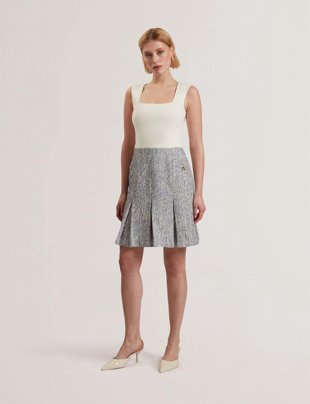 Women Ted Baker VULPAM - Sleeveless Knit Bodice Boucle Mini Dresses Lt-Blue | Egypt  PABDN-7589
