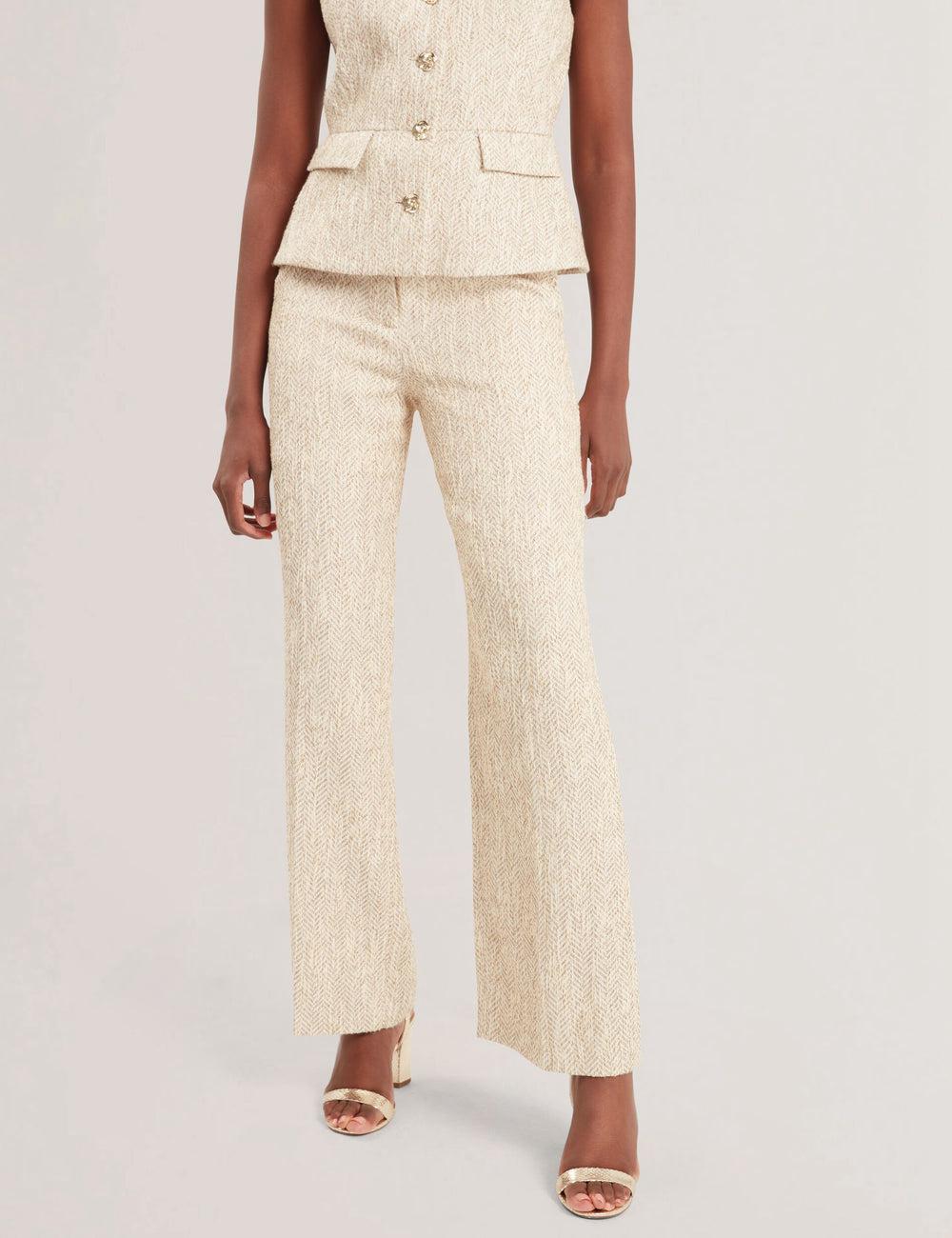 Women Ted Baker VULPAT - Boucle Herringbone Wide Leg Tailored Trousers Ivory | Egypt  YKQXZ-0394