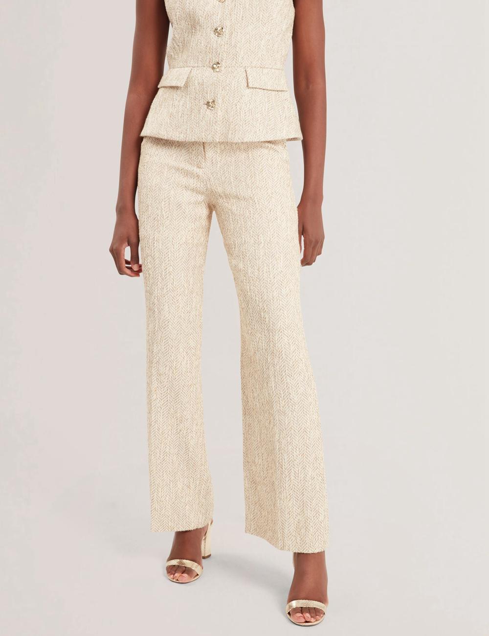 Women Ted Baker VULPAT - Boucle Herringbone Wide Leg Tailored Trousers Ivory | Egypt  YKQXZ-0394