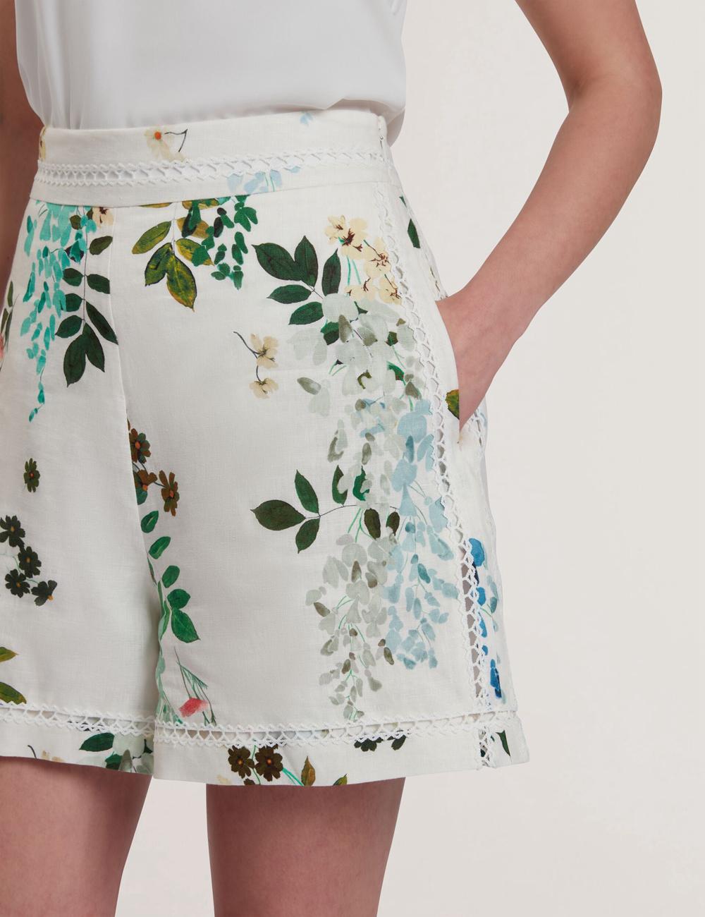 Women Ted Baker VYLLA - Floral High Waist Linen With Trim Detail Shorts White | Egypt  XZKAG-5786