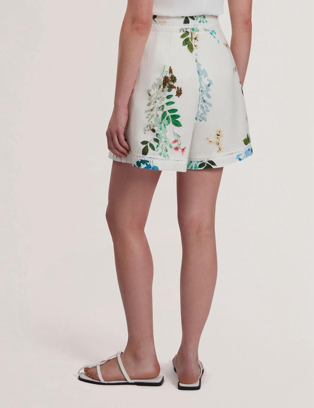 Women Ted Baker VYLLA - Floral High Waist Linen With Trim Detail Shorts White | Egypt  XZKAG-5786