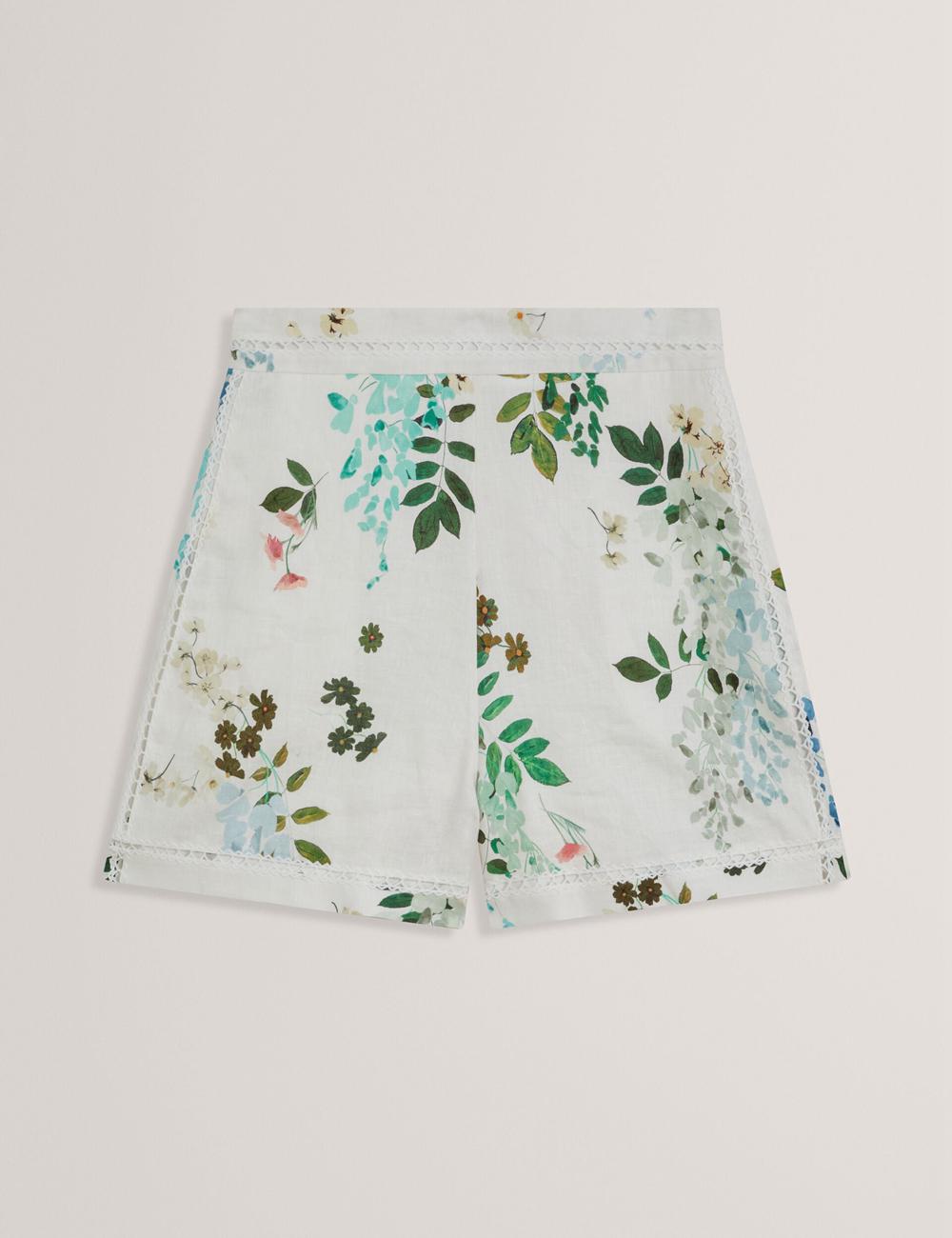 Women Ted Baker VYLLA - Floral High Waist Linen With Trim Detail Shorts White | Egypt  XZKAG-5786