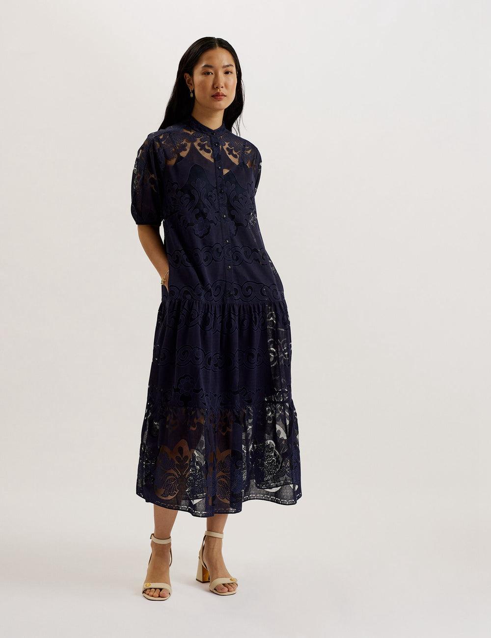 Women Ted Baker XATIVA - Lace Puff Sleeve Midi Shift Midi Dresses Dk-Blue | Egypt  DFKGY-9412