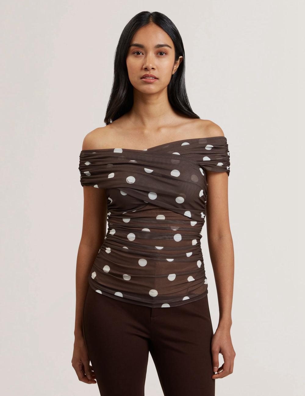 Women Ted Baker ZAAMO - Off-the-Shoulder Polka Dot Mesh Tops Dk-Brown | Egypt  NBSGP-6810