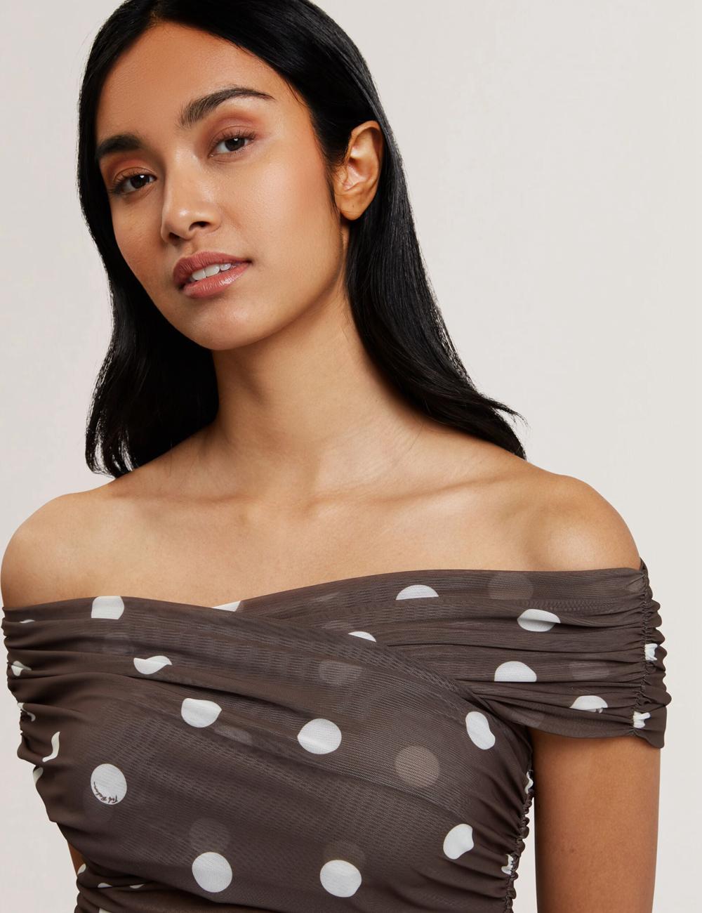 Women Ted Baker ZAAMO - Off-the-Shoulder Polka Dot Mesh Tops Dk-Brown | Egypt  NBSGP-6810