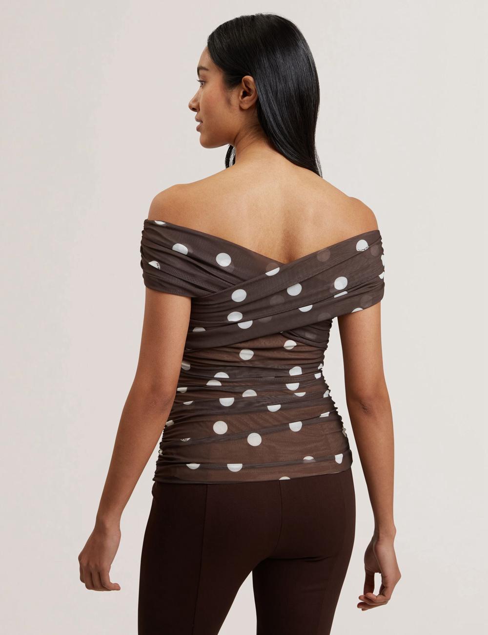 Women Ted Baker ZAAMO - Off-the-Shoulder Polka Dot Mesh Tops Dk-Brown | Egypt  NBSGP-6810