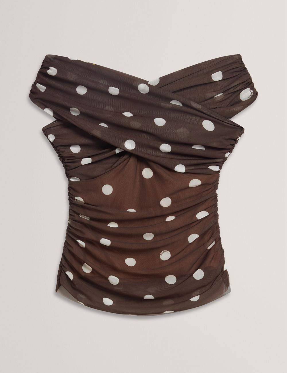 Women Ted Baker ZAAMO - Off-the-Shoulder Polka Dot Mesh Tops Dk-Brown | Egypt  NBSGP-6810