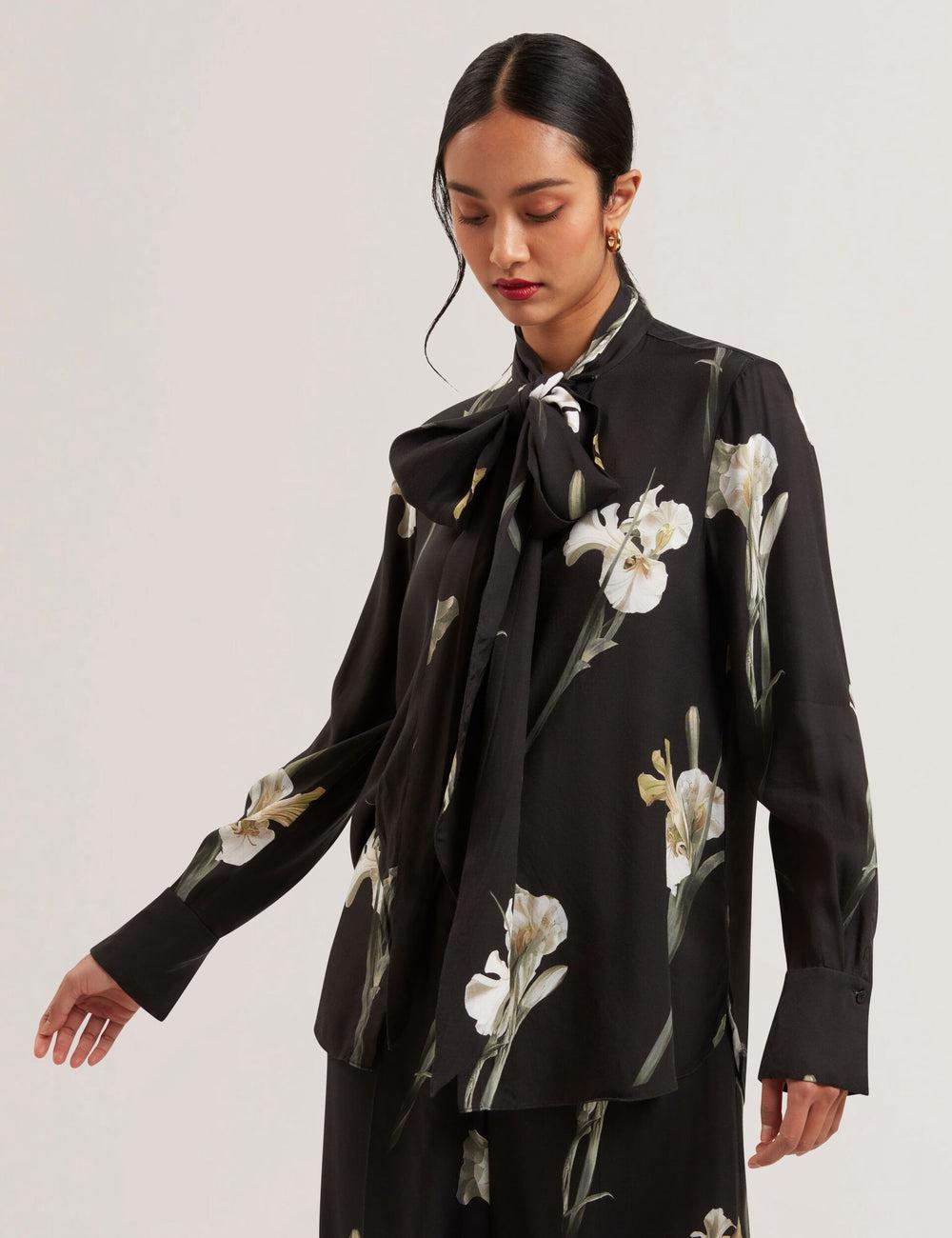Women Ted Baker ZAKIIER - Neck Floral Print Long Sleeve Blouses Black | Egypt  UBASV-6293