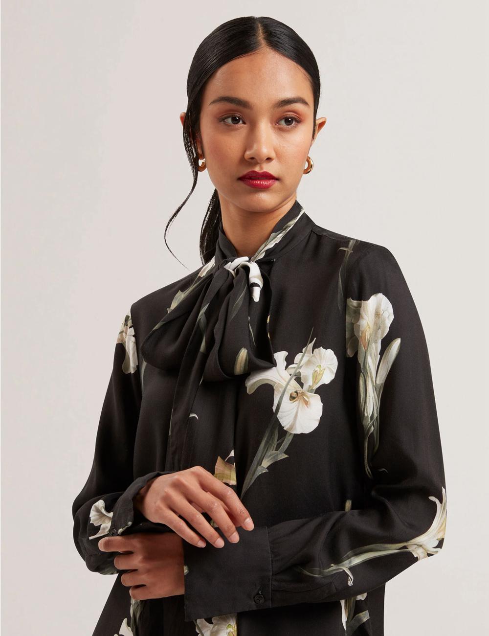Women Ted Baker ZAKIIER - Neck Floral Print Long Sleeve Blouses Black | Egypt  UBASV-6293