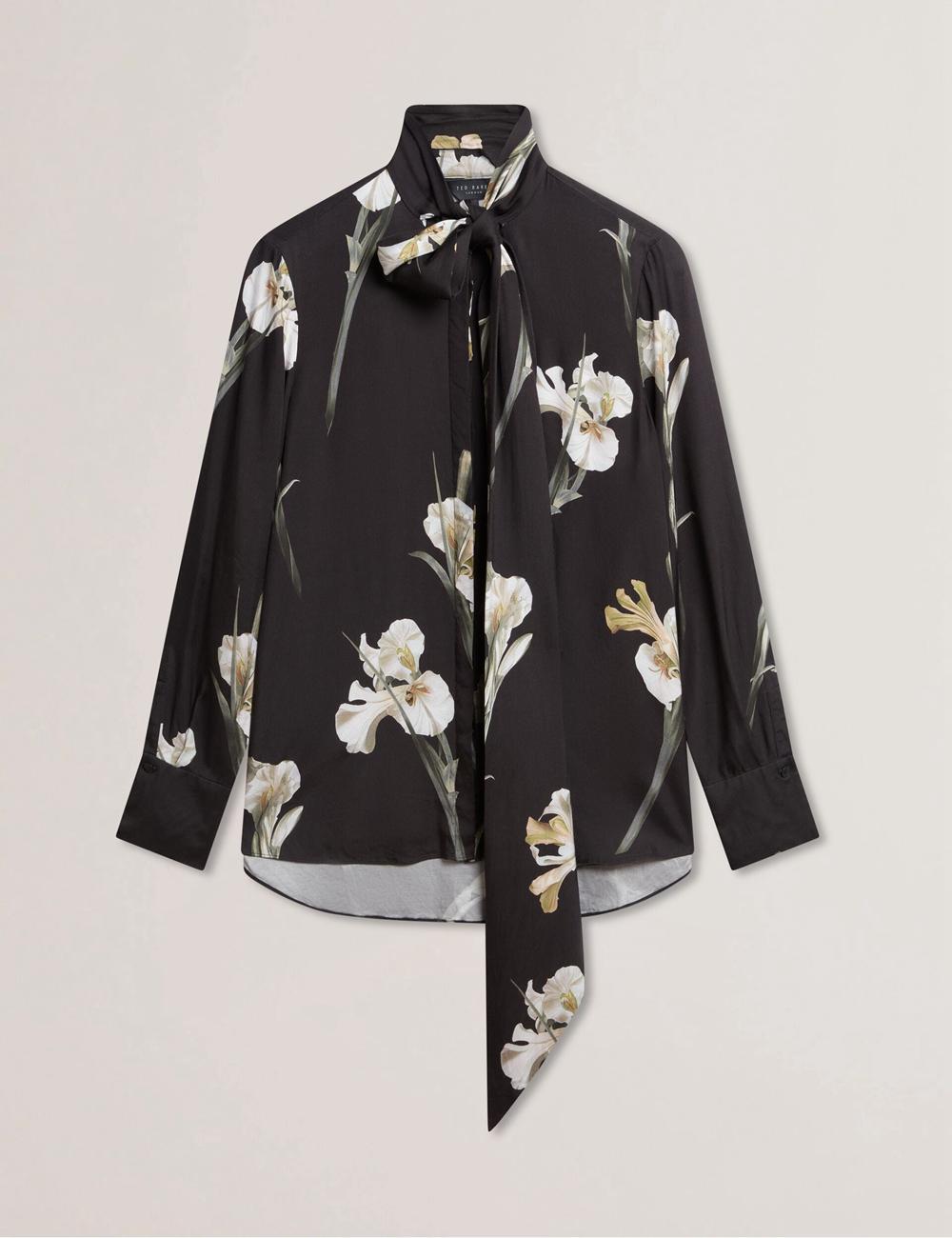Women Ted Baker ZAKIIER - Neck Floral Print Long Sleeve Blouses Black | Egypt  UBASV-6293