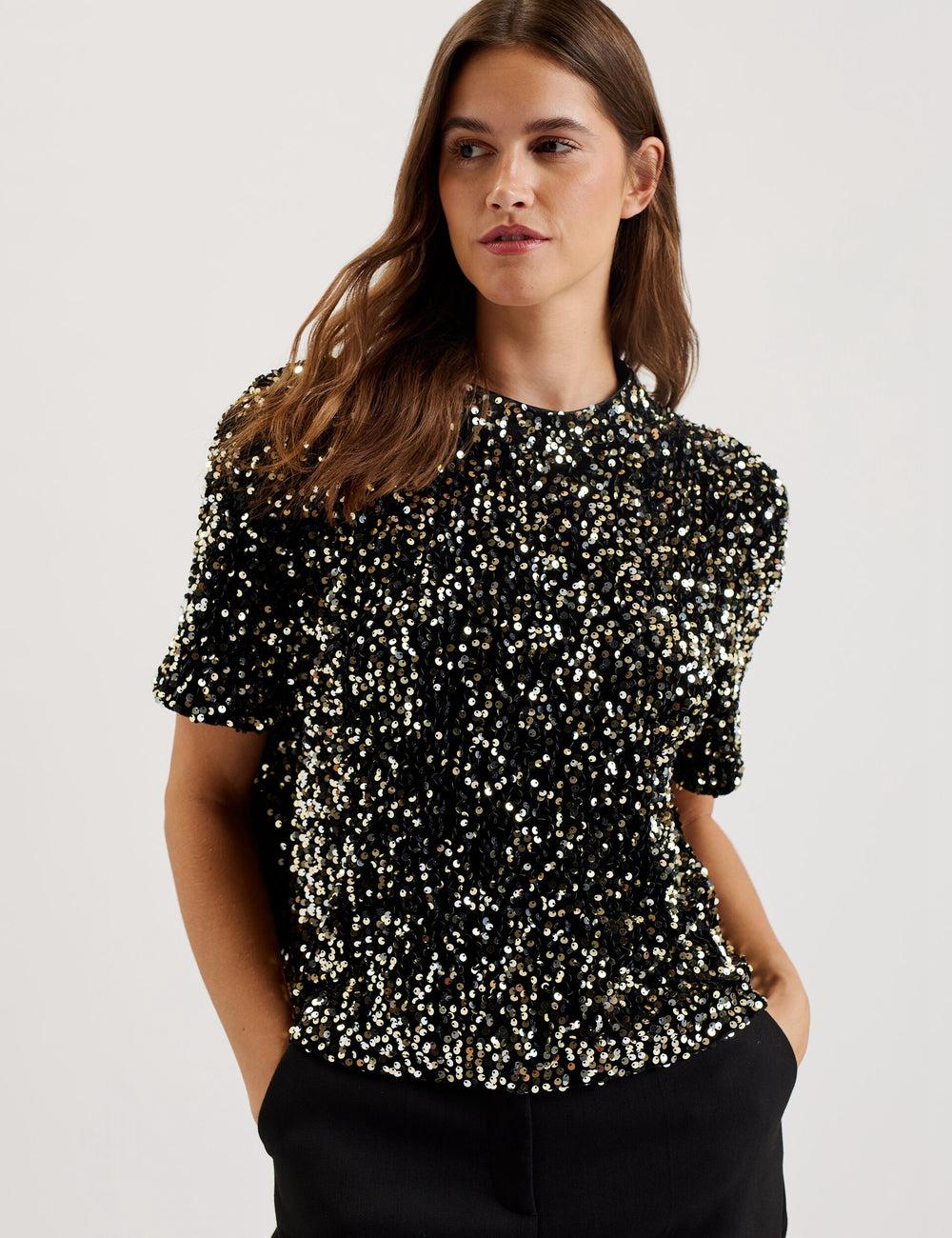 Women Ted Baker ZARHAAA - Sequined Velvet Short Sleeve Top Casual Shirts Black | Egypt  RWMKE-3207