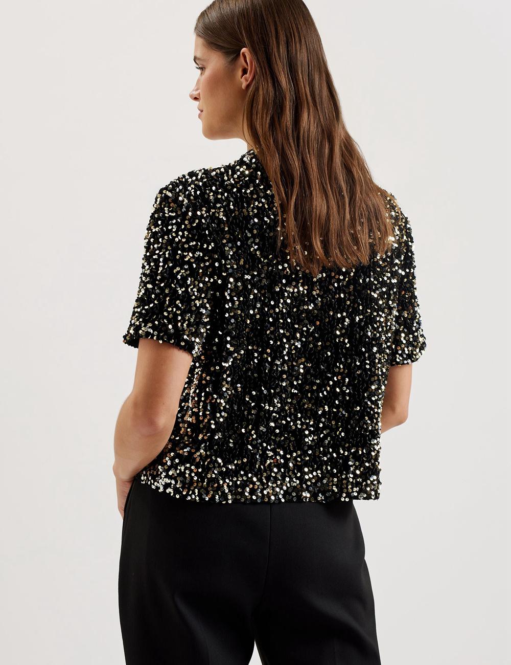 Women Ted Baker ZARHAAA - Sequined Velvet Short Sleeve Top Casual Shirts Black | Egypt  RWMKE-3207