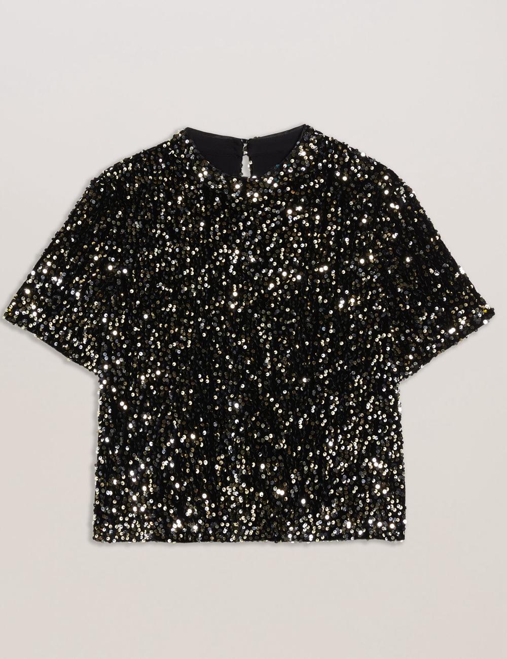 Women Ted Baker ZARHAAA - Sequined Velvet Short Sleeve Top Casual Shirts Black | Egypt  RWMKE-3207